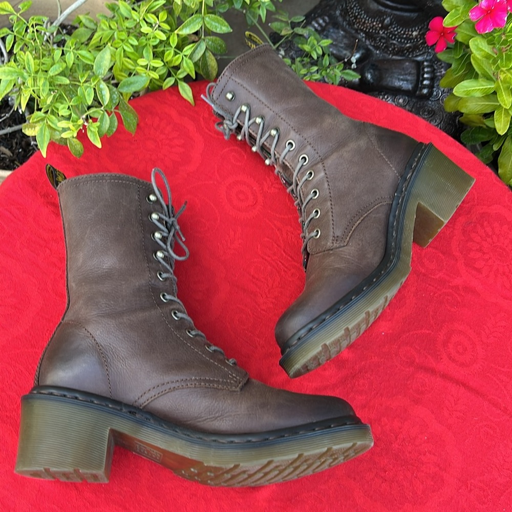 Dr. Martens Granny Style Plaid Lined Mid Calf Lace Up Heeled Brown Leather Boots - Picture 11 of 17